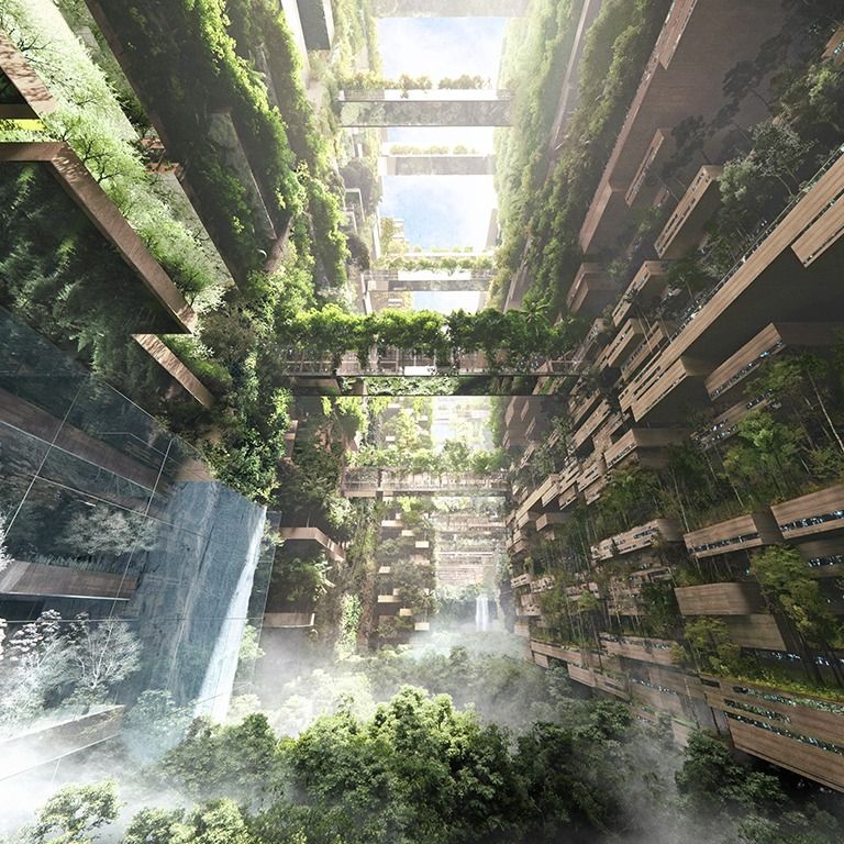 foto dell'interno di "The line" con spazi verdi e alberi