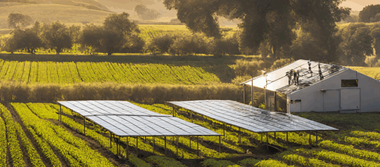 Agrivoltaico, pannelli solari rialzati su un terreno agricolo