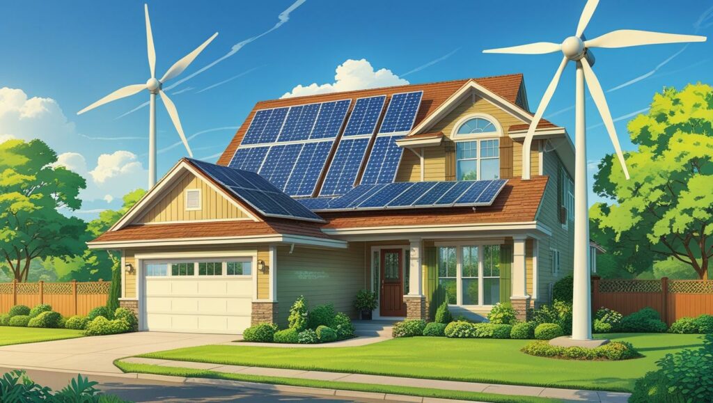 Transizione energetica e autoconsumo: Casa con pannelli solari sul tetto e due pale eoliche in giardino sui lati della casa