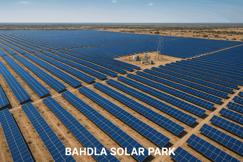 vista dall'alto del parco fotovoltaico più grande del mondo. Bahdla solar park in India 