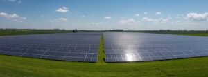 parco fotovoltaico. Distesa di pannelli solari su un prato verde